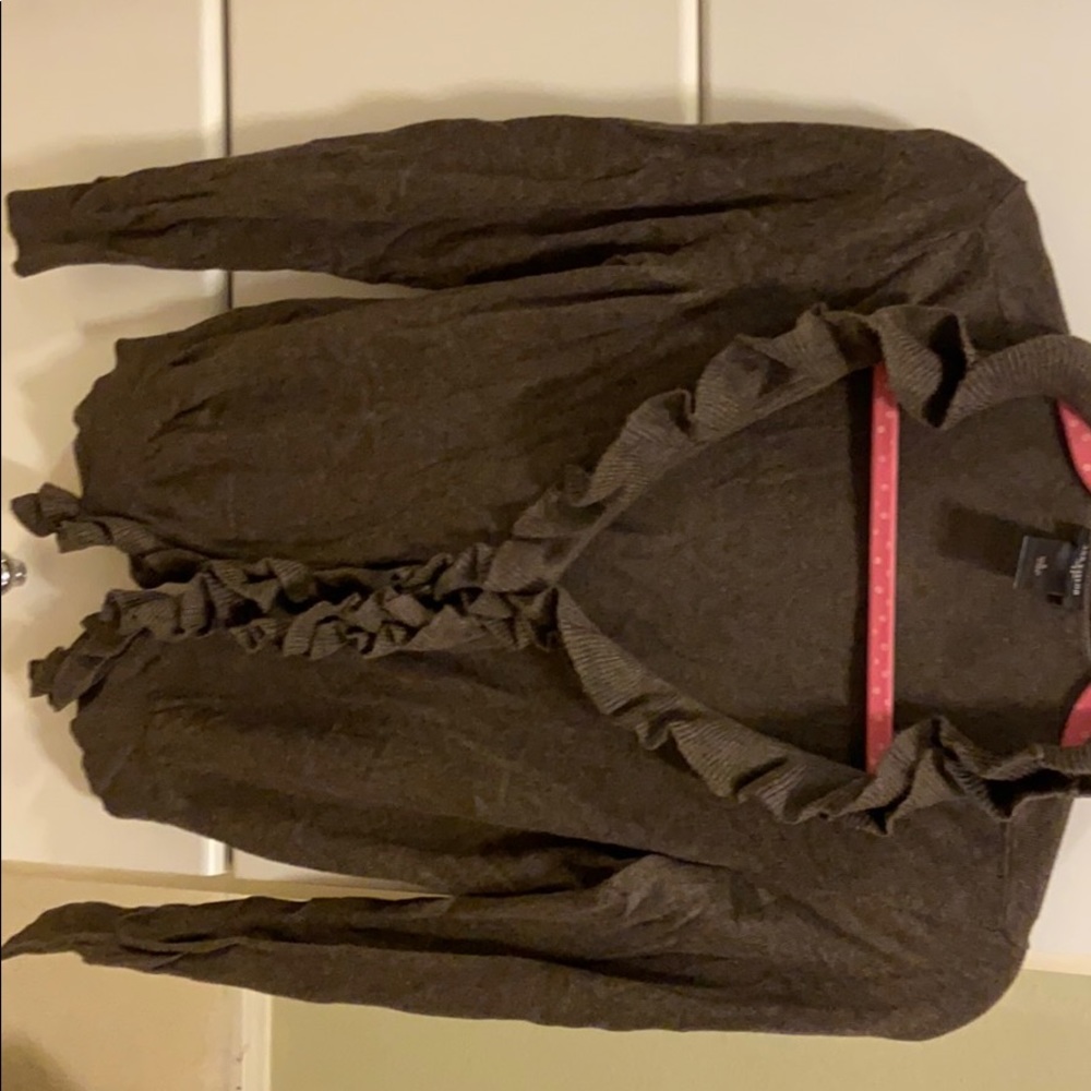 Ann Taylor Ruffled Cardigan in Heathered Brown